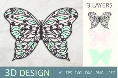 3d butterfly svg&2C; Butterfly with flowers layered papercut