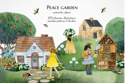 black girl in fairy garden with insect watercolor clipart, cute houses