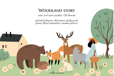 cute woodland animals and girls clipart, forest scene vector png