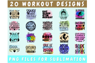 Workout Sublimation Designs Bundle, 20 Workout Quotes PNG Files