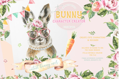 Bunny Character Creator, Watercolor Rabbit Illustration clipart Easter