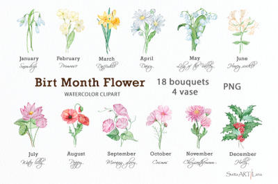 Watercolor Birth Month Flower Bouquets Clipart