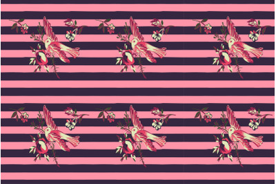 Hand drawn bird flying with flower roses on stripe pattern pink backgr