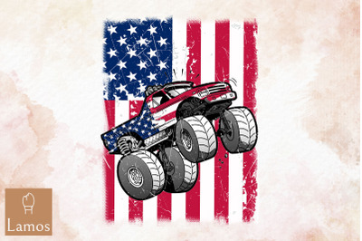 Monster Truck Boys Usa Flag 4Th Of July