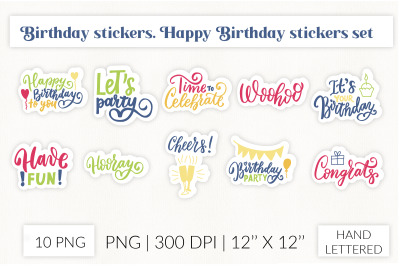 Birthday stickers. Happy birthday party sticker pack.