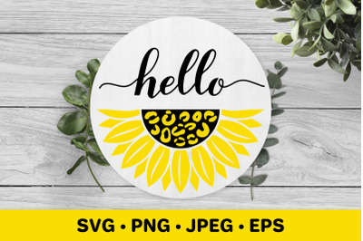 Hello calligraphy SVG. Sunflower leopard round door sign