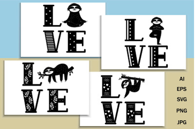 Cute sloth in the word love svg&2C; print pattern with ornament