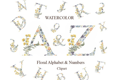 Watercolor Floral Letters and Numbers Alphabet Clipart Set