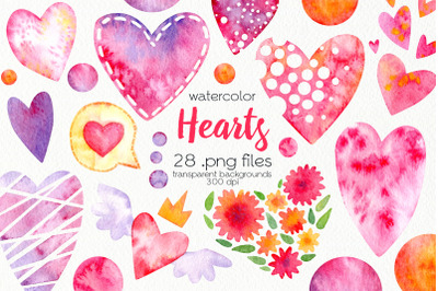 Watercolor Hearts Clipart - PNG Files