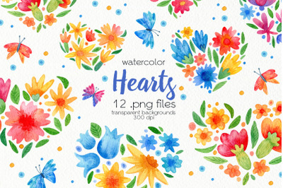 Watercolor Floral Heart Clipart - PNG Files