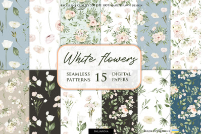 White flowers seamless patterns
