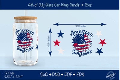 4th of July Glass Can wrap. American Sunflower Patriotic Beer Can Glas