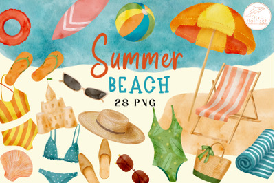 Watercolor Beach Clipart Set. Summer Beach Vacation PNG