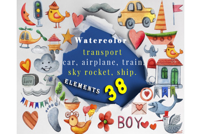 Watercolor colorful kids set with transport: car, airplane, train, shi