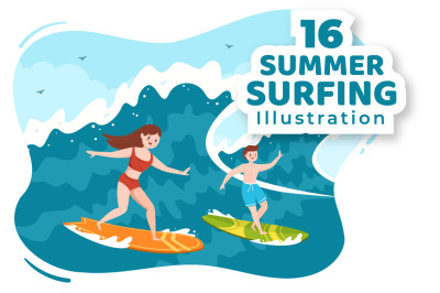 16 Summer Surfing Sports Cartoon Illustration