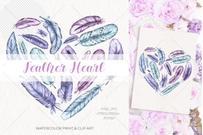 Watercolor feather heart / Watercolor Print and Clip Art
