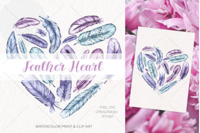 Watercolor feather heart / Watercolor Print and Clip Art