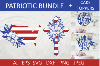 4th of july bundle, USA map, Patriotic cross, Cake topper