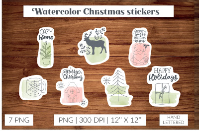 Watercolor Christmas stickers. Christmas tags sticker pack