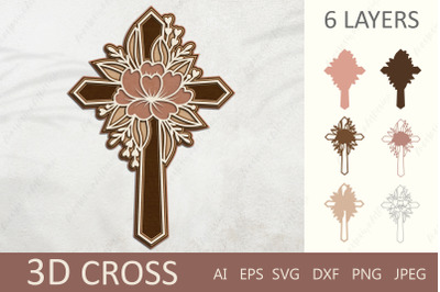 3d layered cross with flowers, 3d paper cutting cross svg