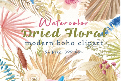 Boho Floral Clipart , Dried Floral Clip art , watercolor wildflower .