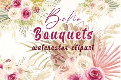 Watercolor Boho floral bouquets clipart | Pampas clipart.