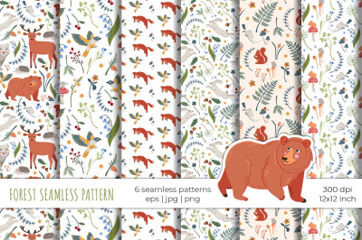 Forest animals seamless patterns. Woodland digital paper