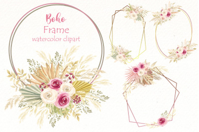 Watercolor Boho floral frame clipart | Pampas clipart.