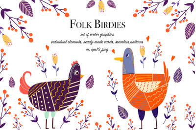 Folk Birdies set of vector graphics, AI, EPS10, JPEG