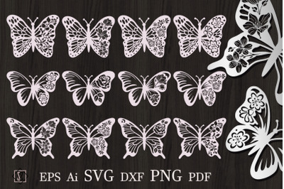 Set of butterflies with flowers. Paper Cut/ Sublimation. SVG