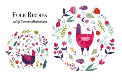 Folk Birdies set of vector illustrations, AI, EPS10, JPEG