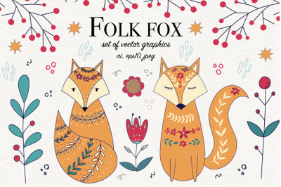 Folk Fox set of vector graphics, AI, EPS10, JPEG