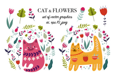 Cat and flowers set of vector graphics, AI, EPS10, JPEG