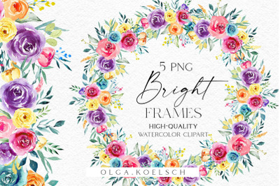 Bright roses frame clipart, Watercolor summer floral borders png