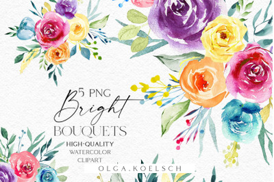 Bright bouquets clipart, Watercolor summer floral borders png