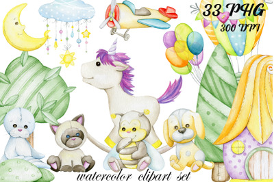 Watercolor Animals PNG, Cute Toys, Balloon, Tropics, Baby Shower. set