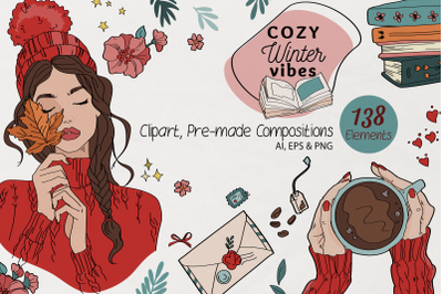 Stay Cozy Winter Vibes, Line Filled Illustration, Clipart, Christmas,