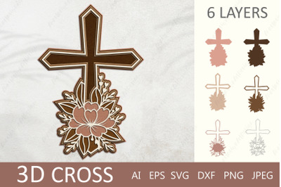 3d layered cross with flowers, Paper cutting floral cross