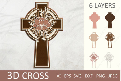 3d layered celtic cross with flowers, Cross paper cut svg