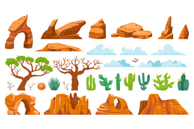 Desert cactus ant rocks. Cartoon tumbleweed, sand stones, and succulen