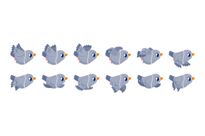 Pigeon flight animation. Game fly frame sequence sprite asset with car