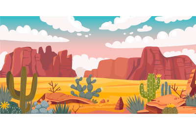 Desert landscape. Cartoon sand horizon with rocks, cactus and sandy va