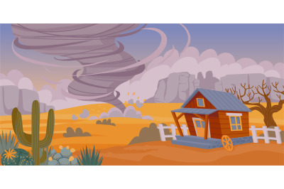 Tornado in desert. Cartoon sand storm natural disaster&2C; desert landsca