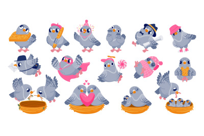 Pigeon characters. Cartoon funny birds sitting together and communicat