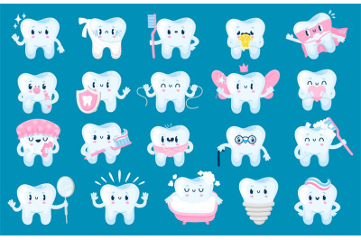 Teeth with face. Cartoon dental health and care fun characters&2C; tooth