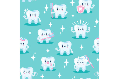 Tooth characters pattern. Seamless print with dentistry cartoon mascot