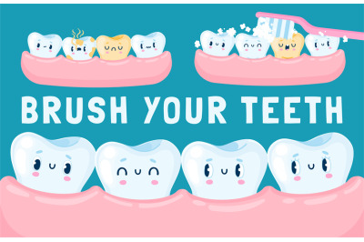 Teeth in the gum. Cartoon cute happy teeth characters for children den