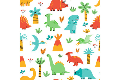 Cute dinosaur pattern. Seamless print of baby dino funny mascot charac