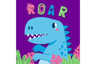 Baby dinosaur poster. Kids artwork with cute little dino character, fu