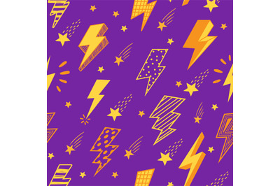 Lightning pattern. Seamless print with cartoon thunderbolt clipart ele